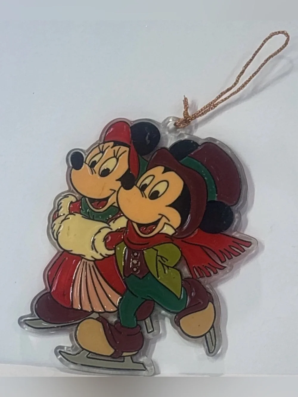 1980s Painted Mickey and Minnie Ice Skating Acrylic Christmas Ornament